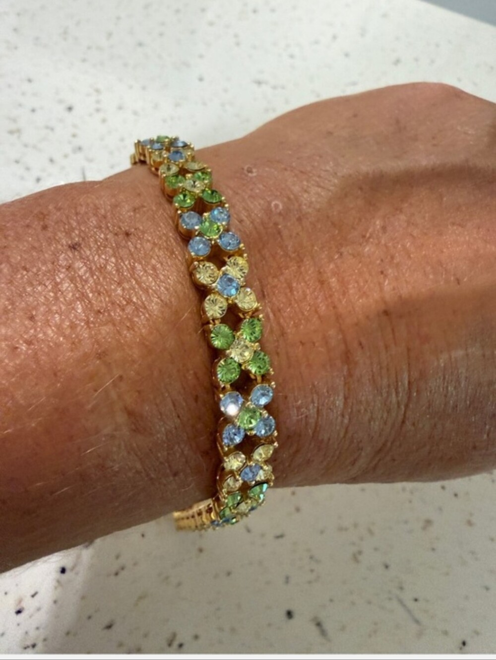 JOAN RIVERS Vintage Gold Tone Pastel Crystal Rhinestone Tennis Bracelet